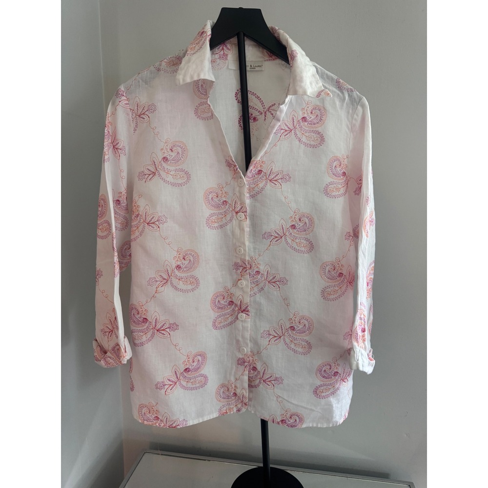 Lucy & Laurel Linen Embroidered Paisley Button Down Shirt White Pink Orange Sz L